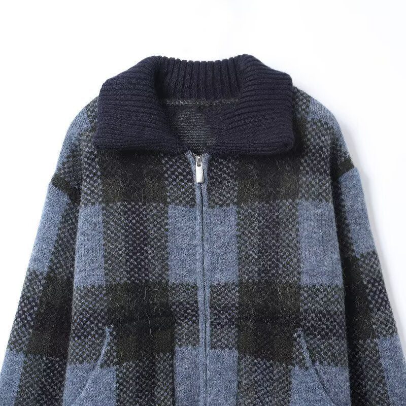 Women's collar long sleeved large plaid zipper jacket