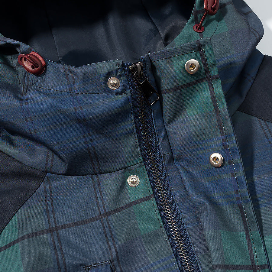 Hooded waist cinched plaid jacket windbreaker coat for women