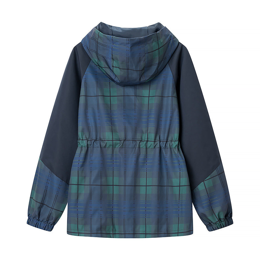 Hooded waist cinched plaid jacket windbreaker coat for women