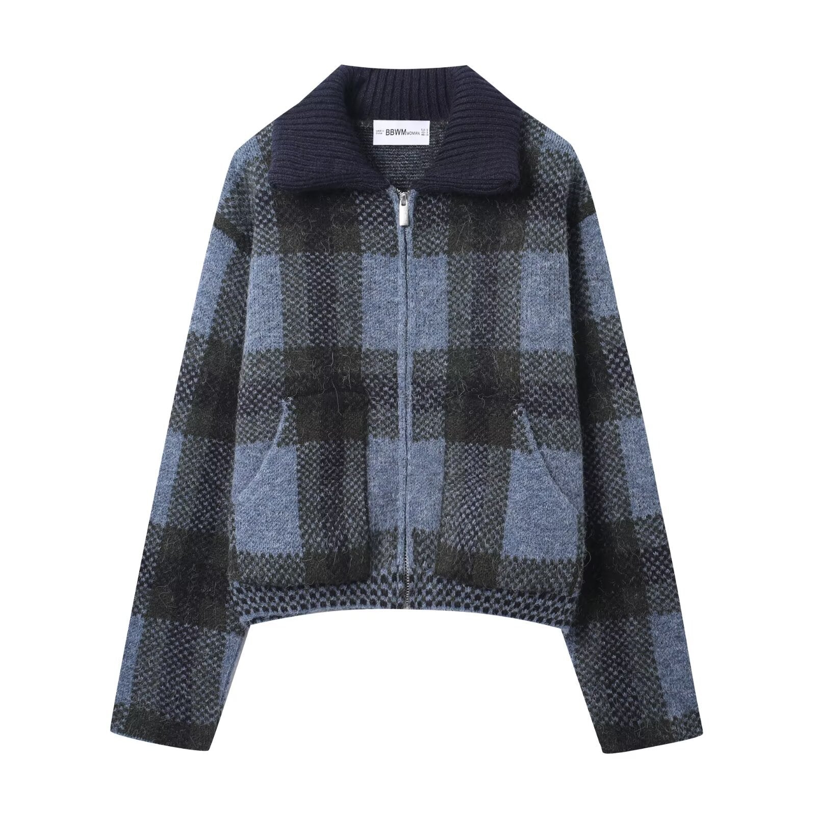 Women's collar long sleeved large plaid zipper jacket