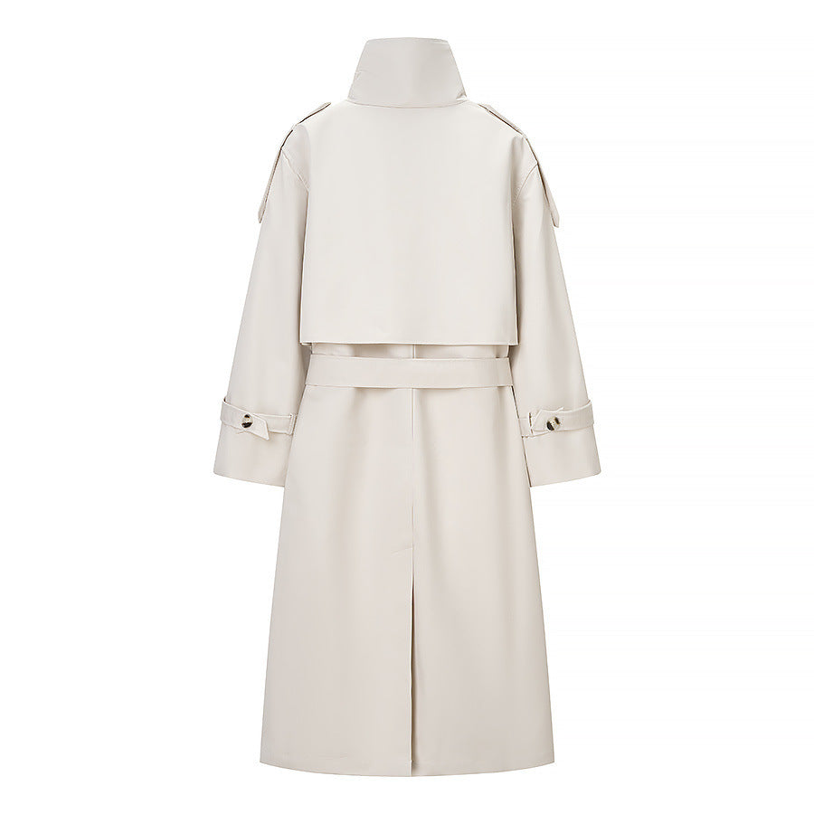 Stand up collar long sleeved double breasted waistband trench coat for women