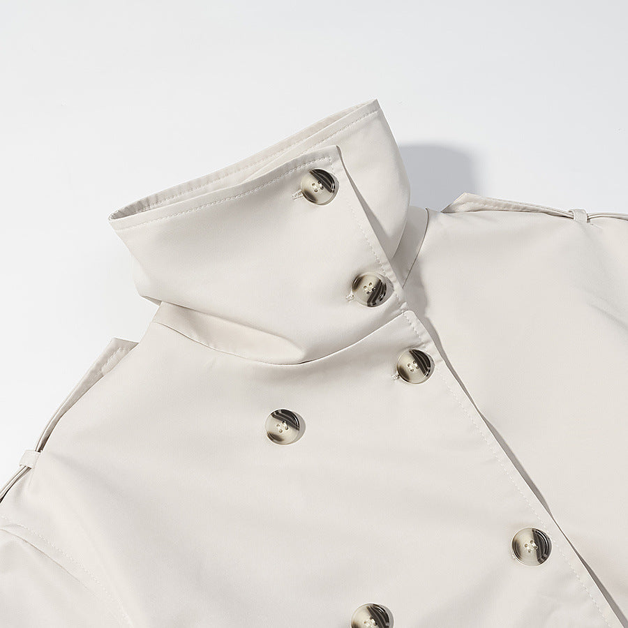Stand up collar long sleeved double breasted waistband trench coat for women