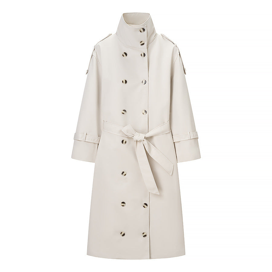 Stand up collar long sleeved double breasted waistband trench coat for women