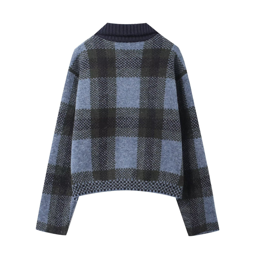 Women's collar long sleeved large plaid zipper jacket
