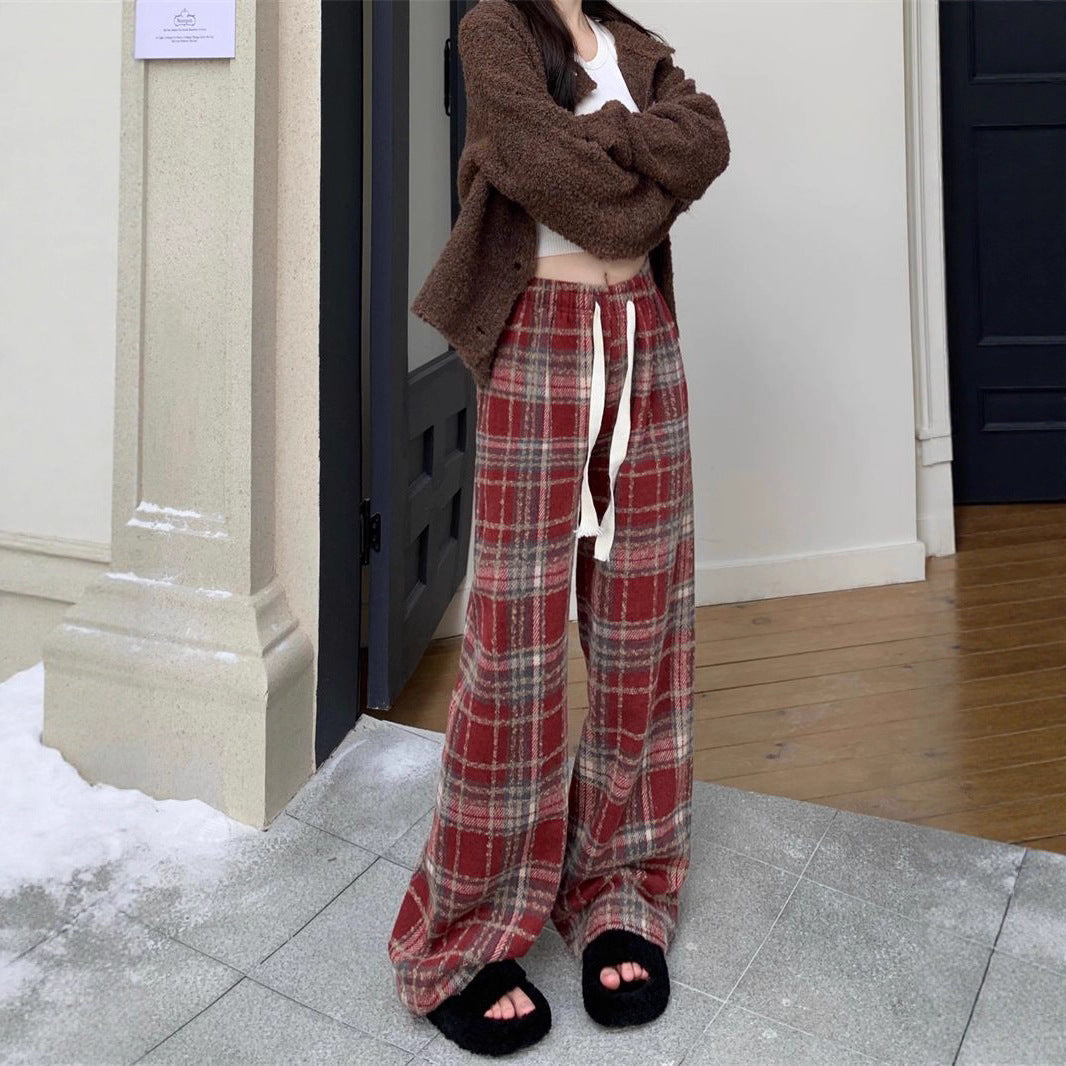 Casual Plaid Trousers for Women, Thickened Warmth, Drawstring Straight Leg Wide Leg Pants, Loose Drapey Floor-Length Pants