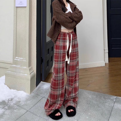 Casual Plaid Trousers for Women, Thickened Warmth, Drawstring Straight Leg Wide Leg Pants, Loose Drapey Floor-Length Pants