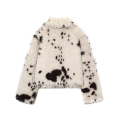 Women's collar long sleeved faux fur effect jacket