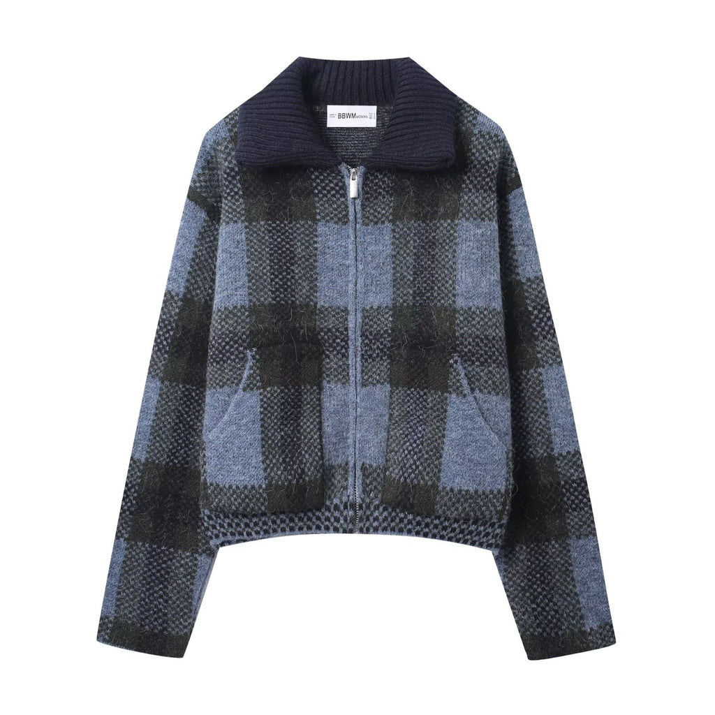 Women's collar long sleeved large plaid zipper jacket