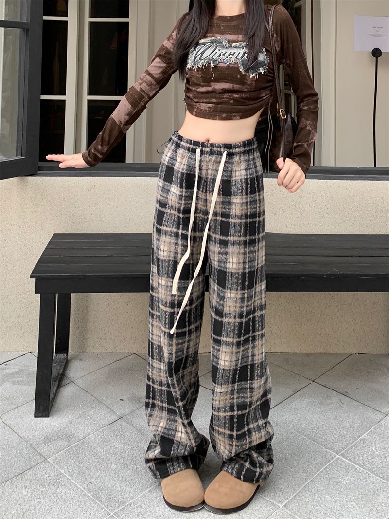 Casual Plaid Trousers for Women, Thickened Warmth, Drawstring Straight Leg Wide Leg Pants, Loose Drapey Floor-Length Pants