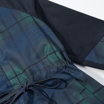 Hooded waist cinched plaid jacket windbreaker coat for women