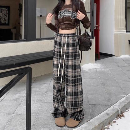 Casual Plaid Trousers for Women, Thickened Warmth, Drawstring Straight Leg Wide Leg Pants, Loose Drapey Floor-Length Pants