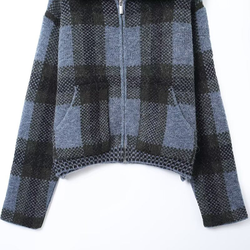Women's collar long sleeved large plaid zipper jacket