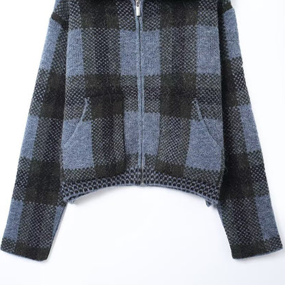Women's collar long sleeved large plaid zipper jacket